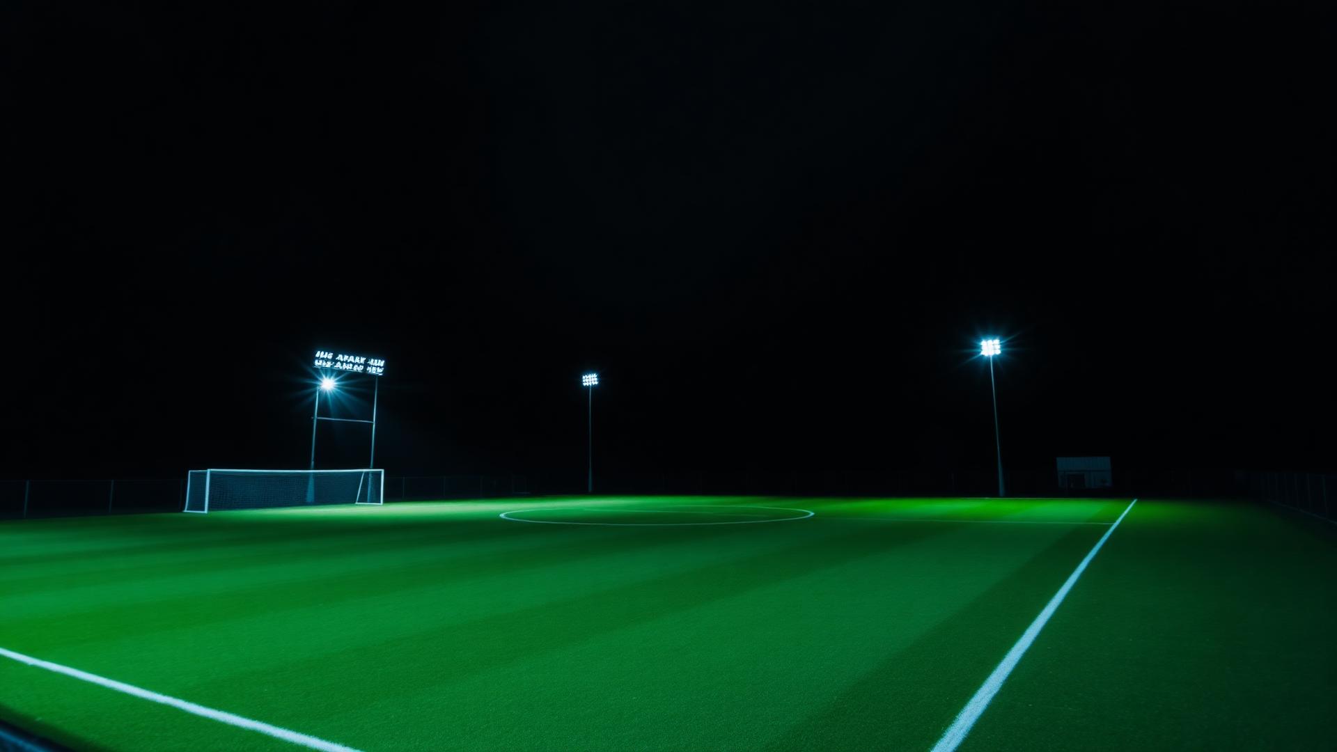 Verlicht amateurvoetbalveld in de avond